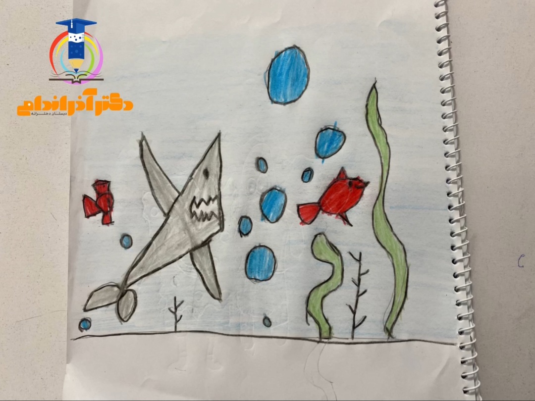 نقاشی مرحله ای نهنگ و دریا با انواع خطوط (شکسته،صاف،خمیده و بسته)